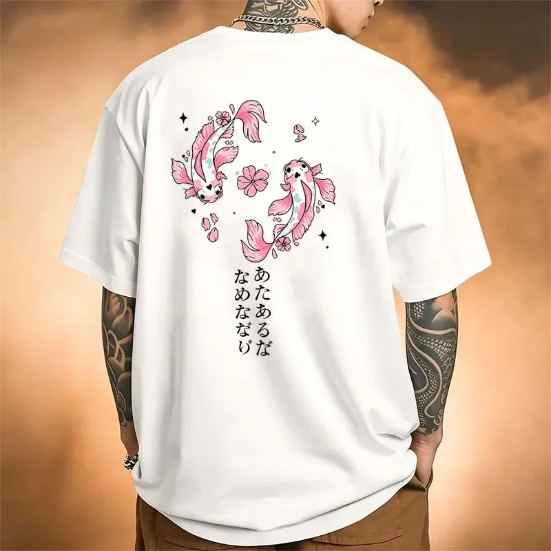 Men's Clothing Pink Koi Fish Print T-shirts Summer Casual Fashion High Street Harajuku Tops Crew Neck Short Sleeve Cotton Tees