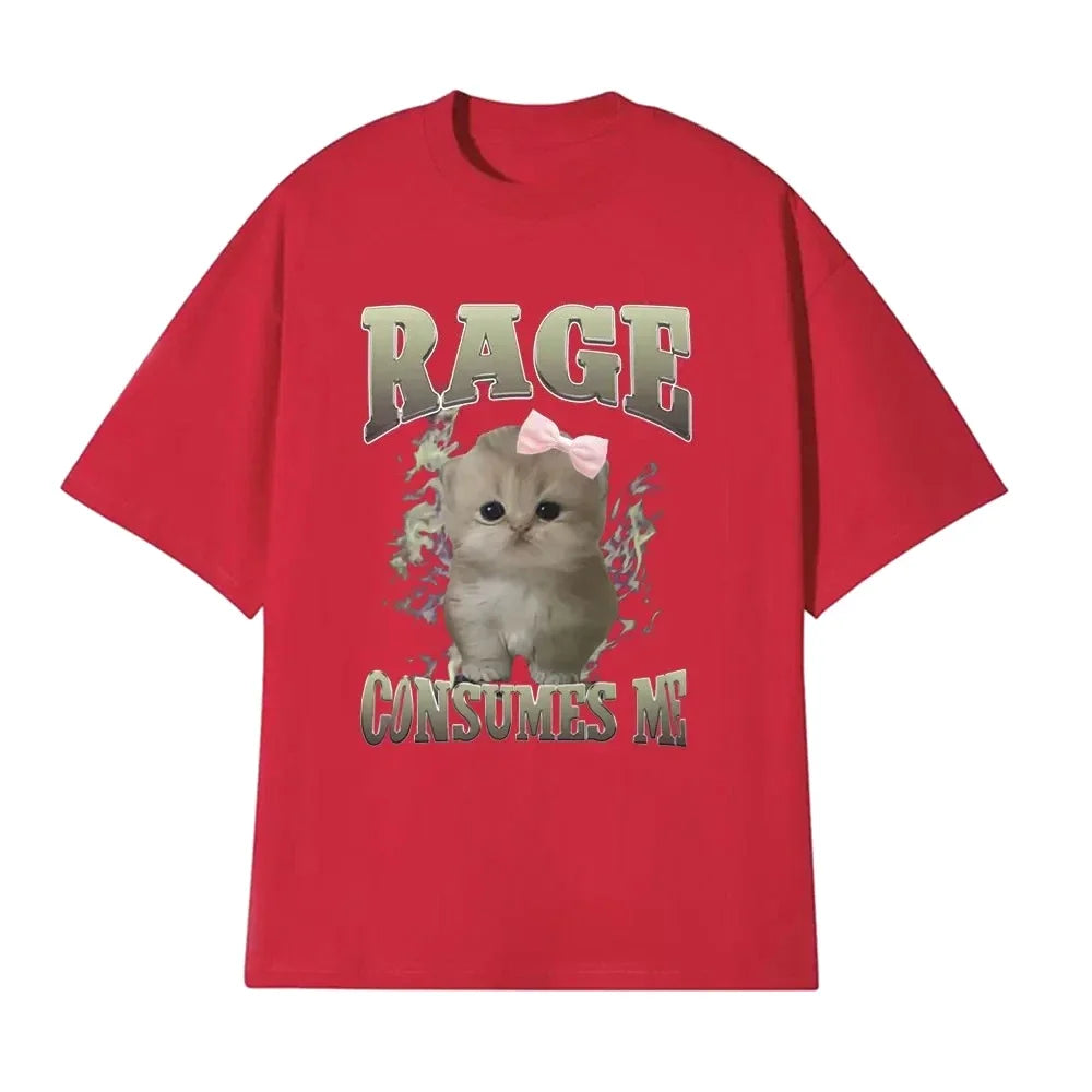 Rage Consumes Me Funny Cat Meme Printed T-shirt Women Fashion Kawaii Casual Loose T-shirts O-Neck Short Sleeve Tee Shirt Unisex