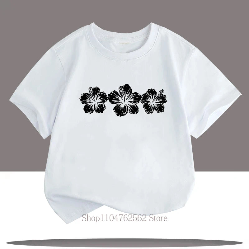 Three Flower Print Children T-shirts Summer Girls Colorful Fashion Kawaii Tops High Quality Kids Crew Neck Short Sleeve T-shirts