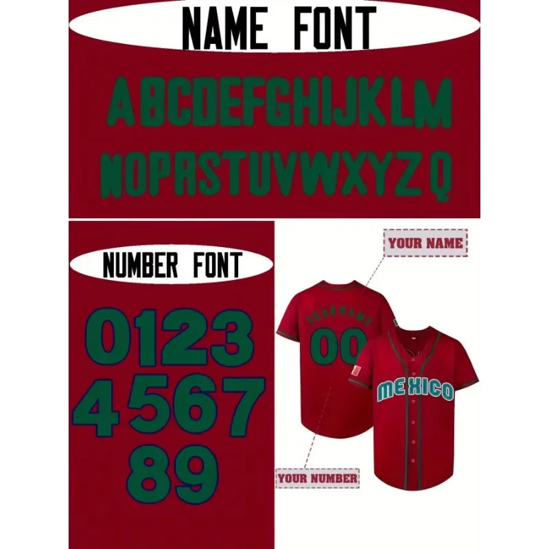Customized Name and Number MEXICO Baseball Jersey Breathable Loose Fit Short Sleeve Embroidery Design Team Training Sports Shirt