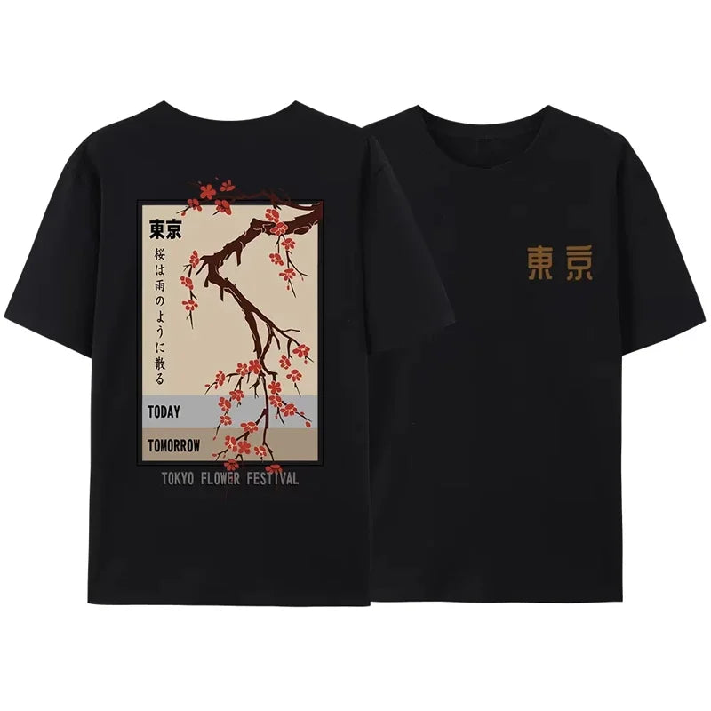 Japanese Style Flower Festival T-Shirt for Men Women Casual Fashion Harajuku Tops Loose Crew Neck Short Sleeve Cotton Tees