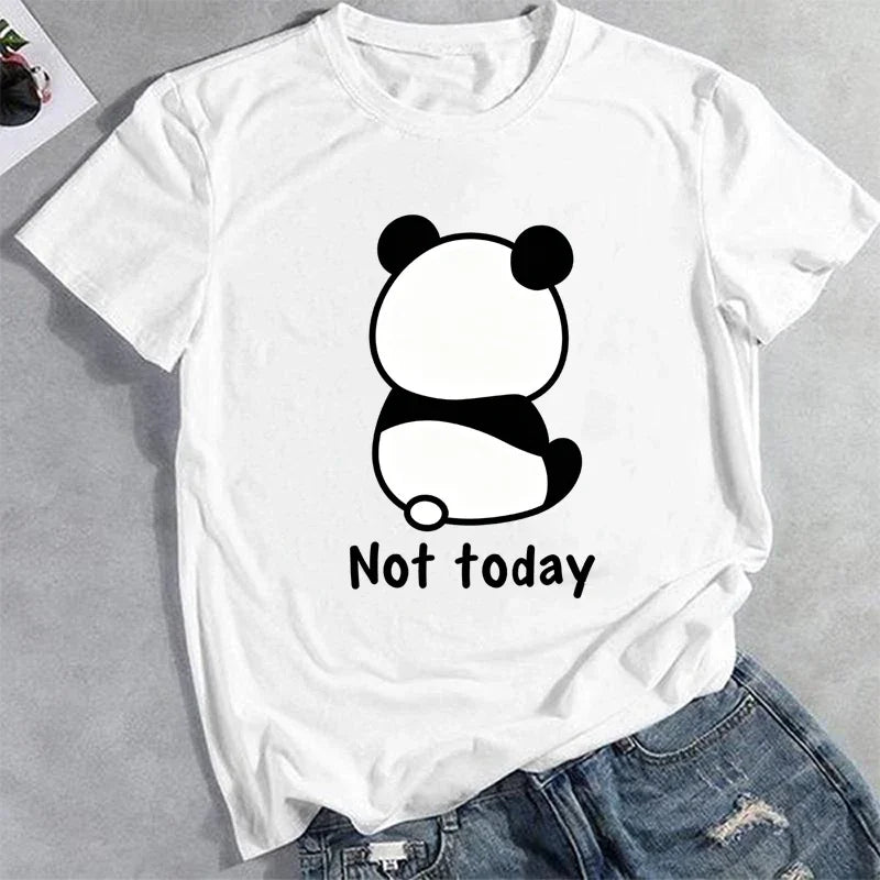 Women's Clothing Cute Panda Not Today Print T-Shirts Summer Casual Fashion Cotton Tops Harajuku Crew Neck Short Sleeve T-shirts