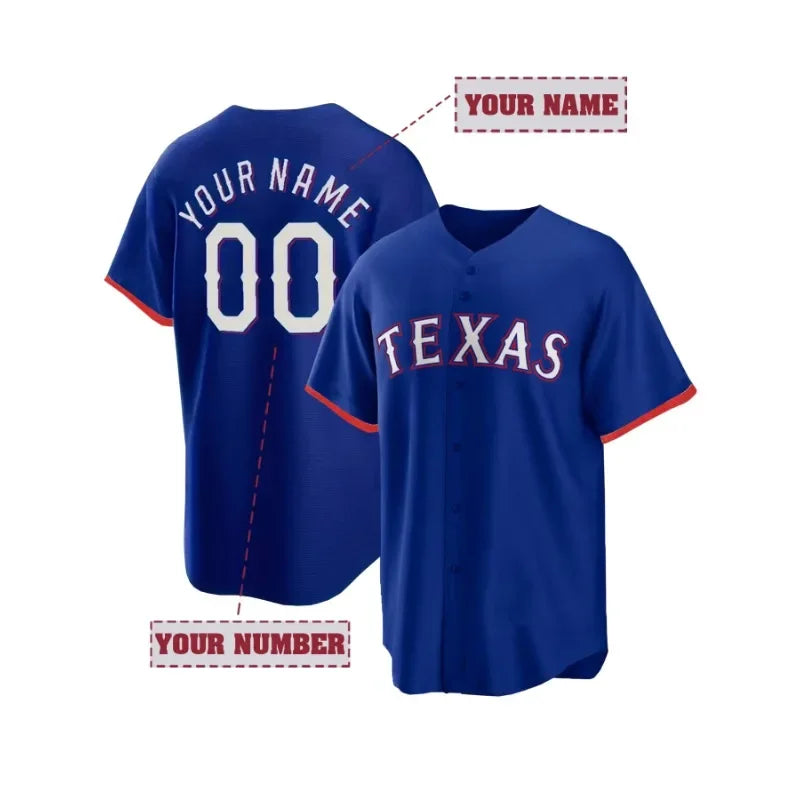 Customized Name And Number Men's Embroidery Baseball Jersey Texas Blue V-Neck Personalized Short Sleeve DIY High Quality Shirts