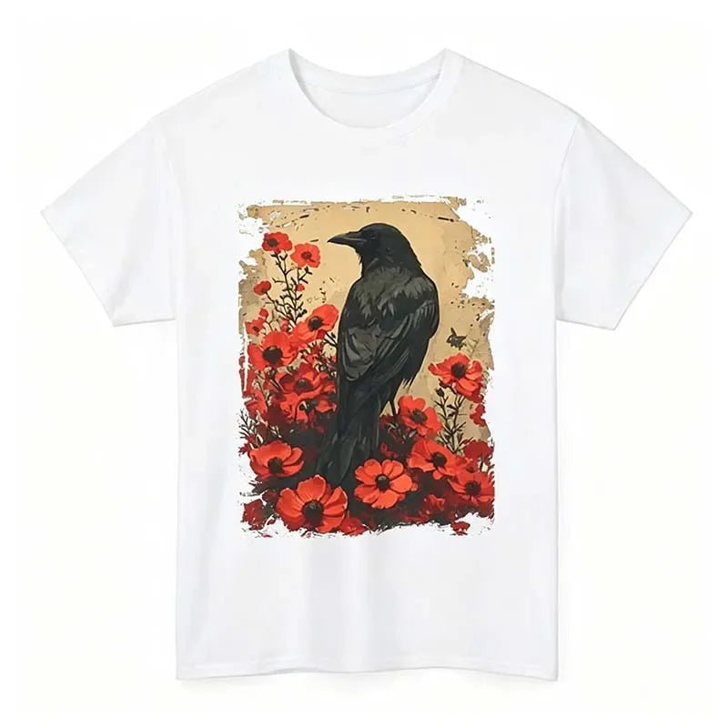 Retro Crow T-Shirt for Women Summer Casual Fashion Gothic Streetwear Harajuku Tops Vintage Crew Neck Short Sleeve Cotton Tees