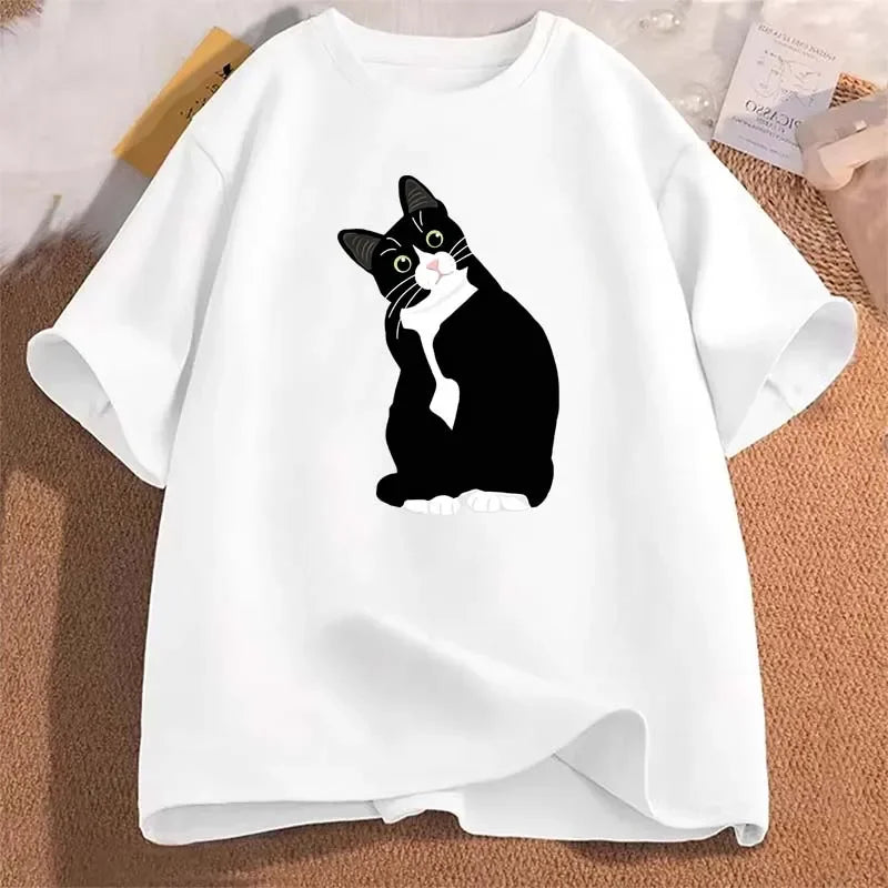 Cute Funny Cat Print T-shirts for Women Summer Casual Fashion Harajuku Korean Style Tops Crew Neck Short Sleeve Cotton Tees