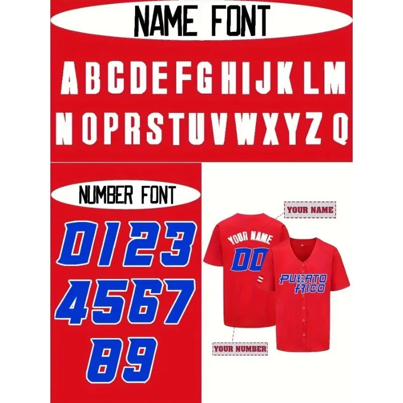 Customized Name And Number Men's Embroidery Baseball Jersey Red V-Neck Personalized Short Sleeve Button Down Shirts Puerto Rico