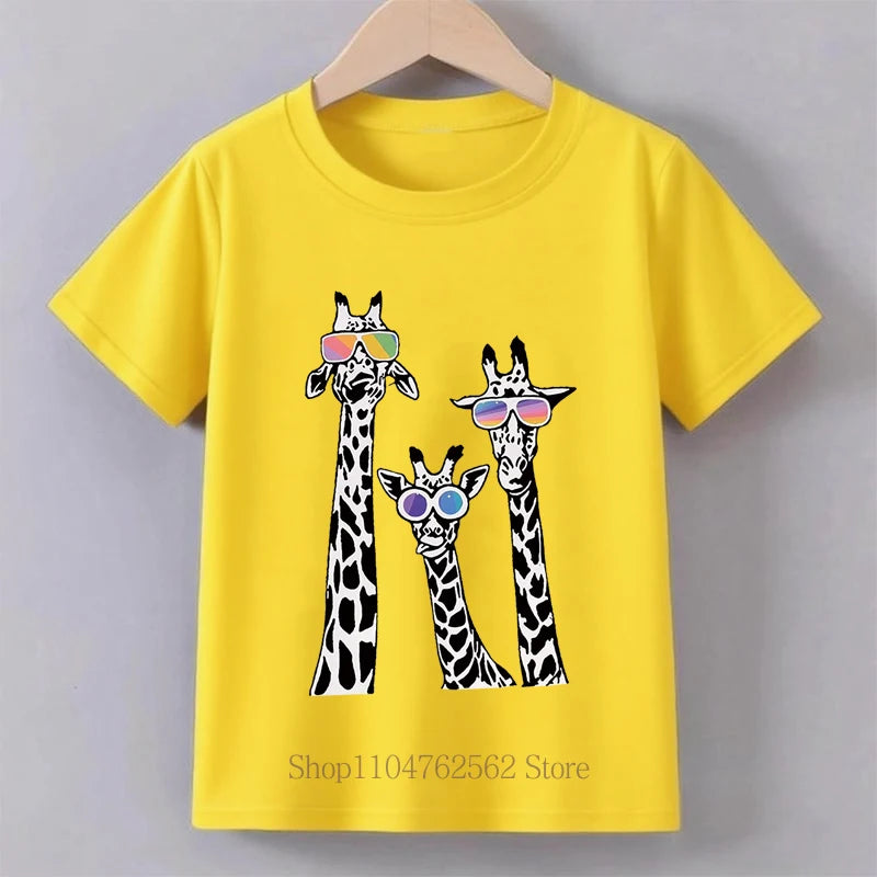 Black White Giraffe Graphic T-shirts for Girls Summer Children Cute Funny Casual Colorful Tops Kids O-Neck Short Sleeve T-shirts