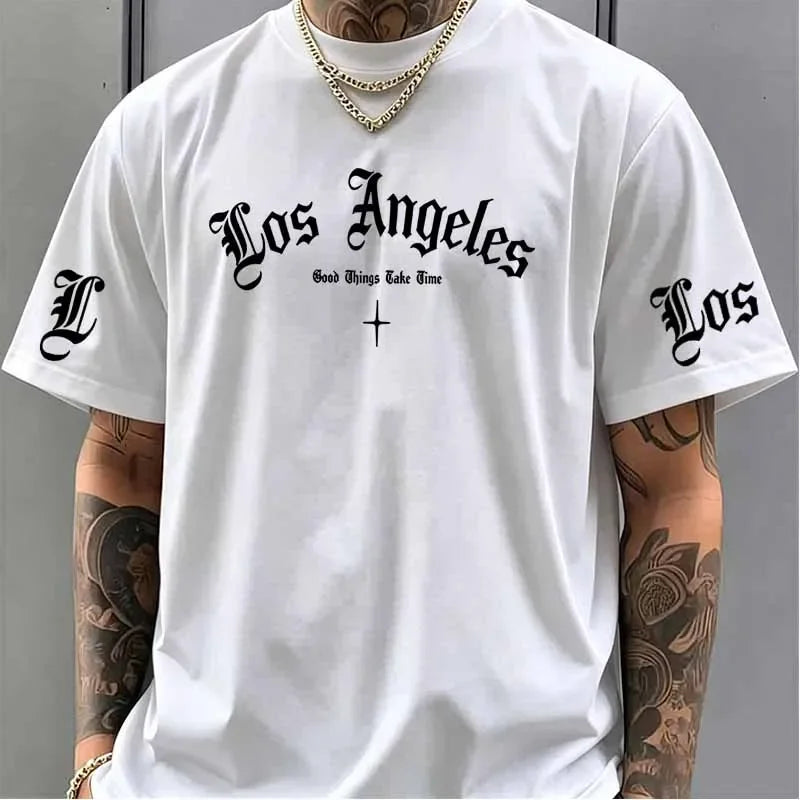 Los Angel Print T-shirts Summer Men American Style Vintage Casual Fashion High Street Tops Crew Neck Short Sleeve Cotton Tees