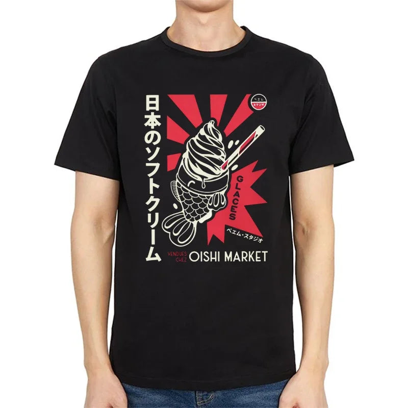 Men's Clothing Japanese Foodie Print Cotton T-Shirt Summer Comfortable Casual Fashion Vintage Tops Crew Neck Short Sleeve Tees