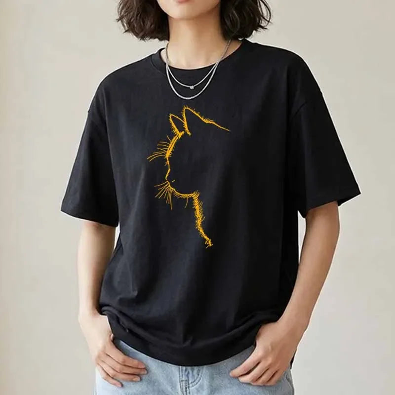 Orange Line Cat Print T-shirts Summer Women Men Casual Fashion Funny Streetwear Harajuku Tops Crew Neck Short Sleeve Cotton Tees