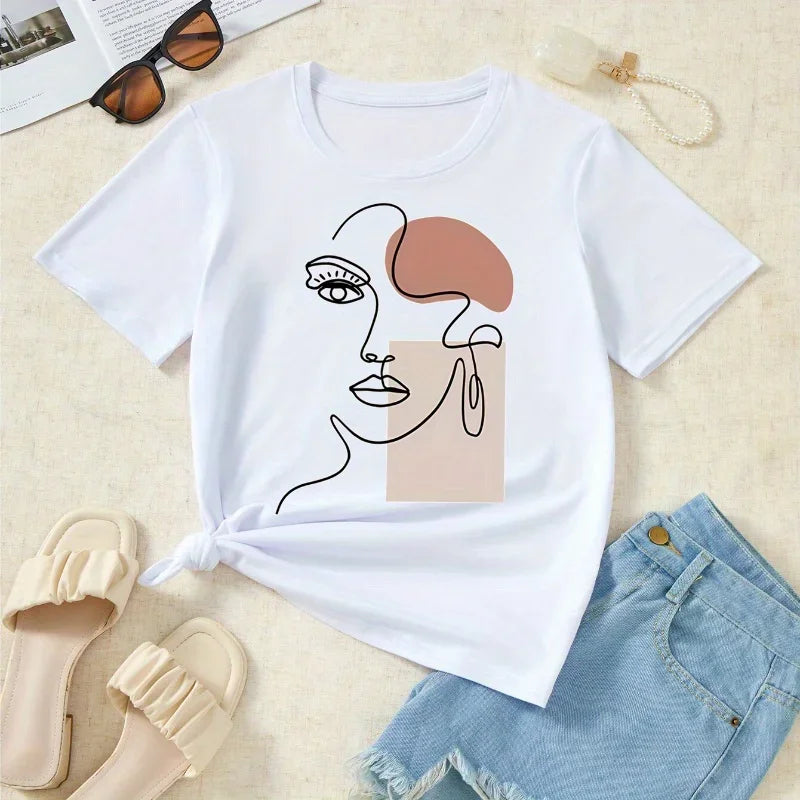 Women's Face Printed Simple Line Pattern T-shirt Women Casual Loose Comfortable Clothes Fashion O-Neck Short Sleeve Tops T-shirt