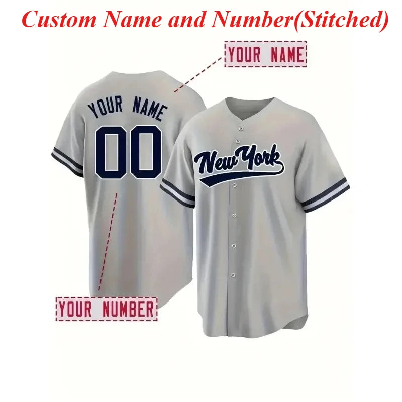 Custom Name and Number Men's Baseball Jersey Grey New York Embroidered Loose Breathable V-Neck Short Sleeve Button Up Sports Top