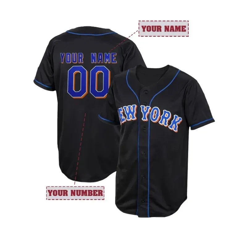 Customized Name And Number DIY Men's Embroidery Baseball Jersey New York V-Neck Personalized Short Sleeve Button Down Shirts