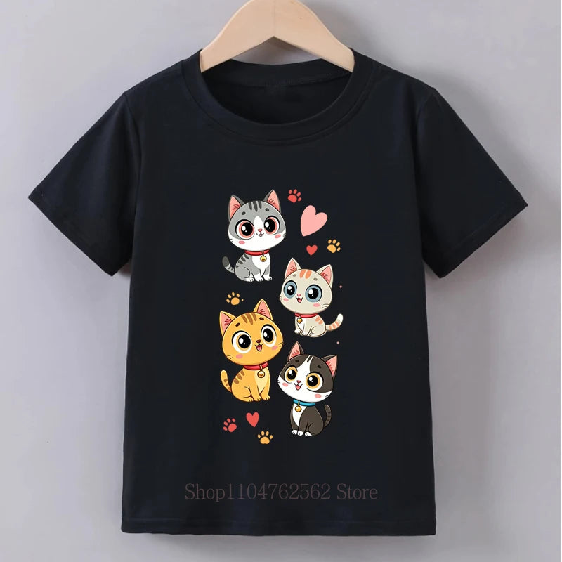 Four Cute Cats Print T-shirts for Girls Summer Casual Fashion Kids Colorful Comfortable Tops Children O-Neck Short Sleeve Tees