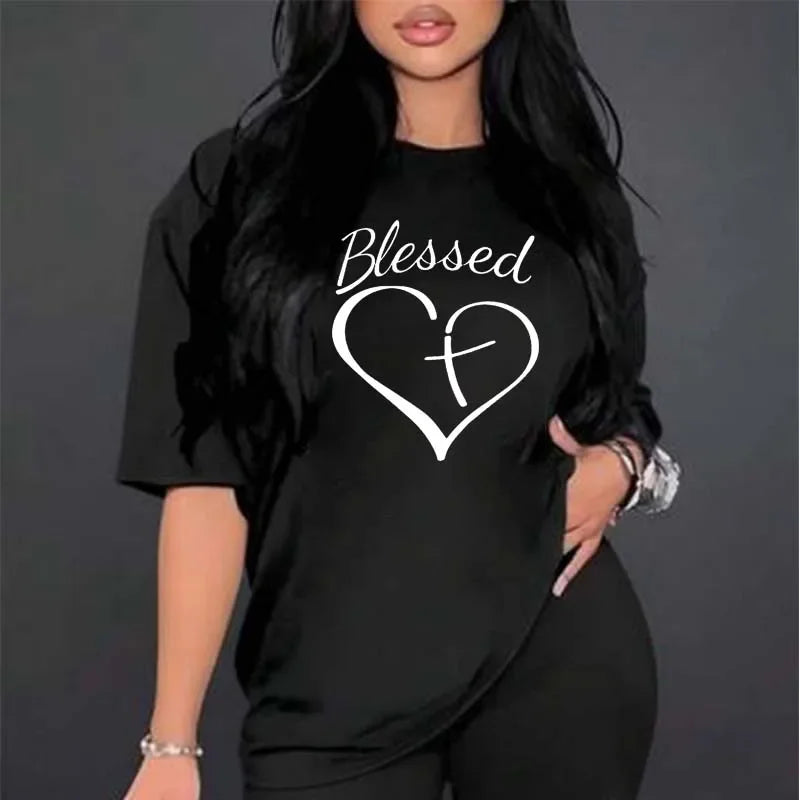Blessed Printed Large Size T-shirt Women Summer Casual Oversize Simple Fashion O-Neck Short Sleeve Tops Clothing T-shirt