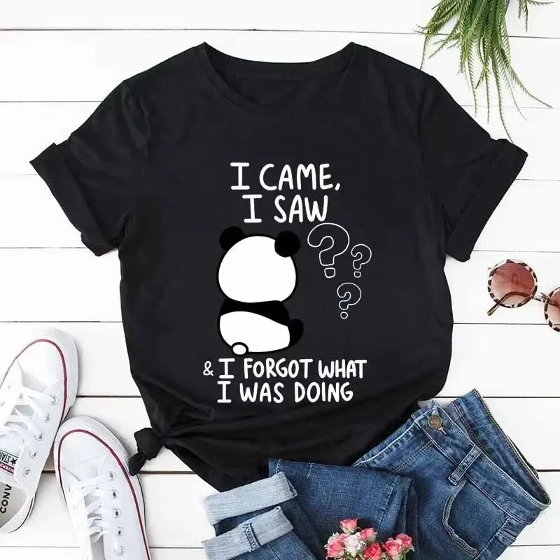 Cute Panda Graphic Print for Women Summer Harajuku Casual Fashion Cotton Tops Daily Comfortable Crew Neck Short Sleeve T-shirts