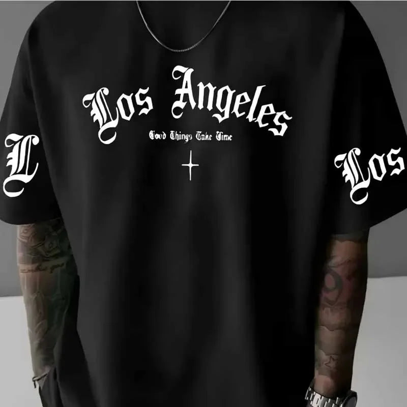 Los Angel Print T-shirts Summer Men American Style Vintage Casual Fashion High Street Tops Crew Neck Short Sleeve Cotton Tees