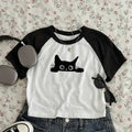 Cute Cat Print T-Shirt Women's Clothing Summer Funny Casual Fashion Y2K Streetwear Tops Crew Neck Short Sleeve Crop Top T-shits