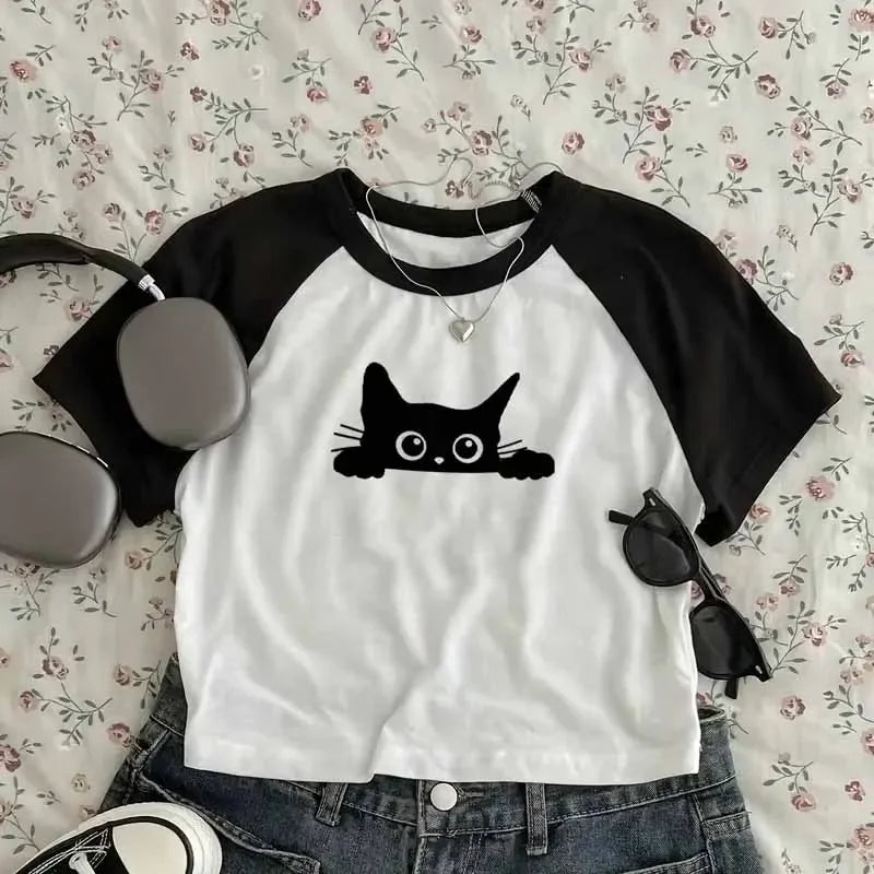 Cute Cat Print T-Shirt Women's Clothing Summer Funny Casual Fashion Y2K Streetwear Tops Crew Neck Short Sleeve Crop Top T-shits