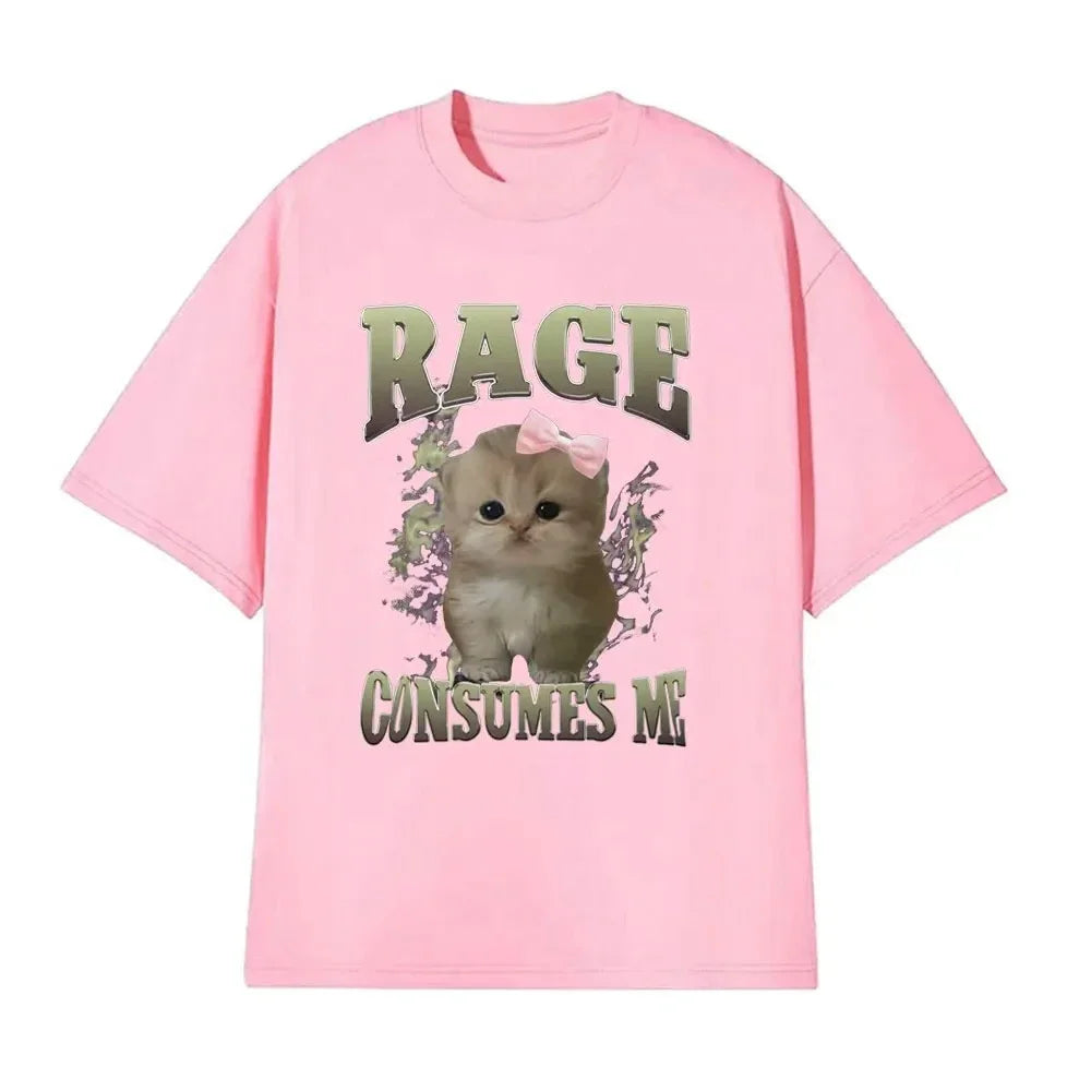 Rage Consumes Me Funny Cat Meme Printed T-shirt Women Fashion Kawaii Casual Loose T-shirts O-Neck Short Sleeve Tee Shirt Unisex