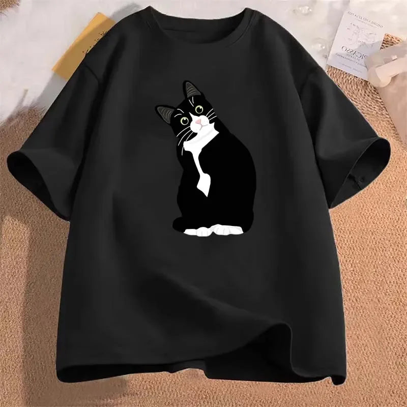 Cute Funny Cat Print T-shirts for Women Summer Casual Fashion Harajuku Korean Style Tops Crew Neck Short Sleeve Cotton Tees