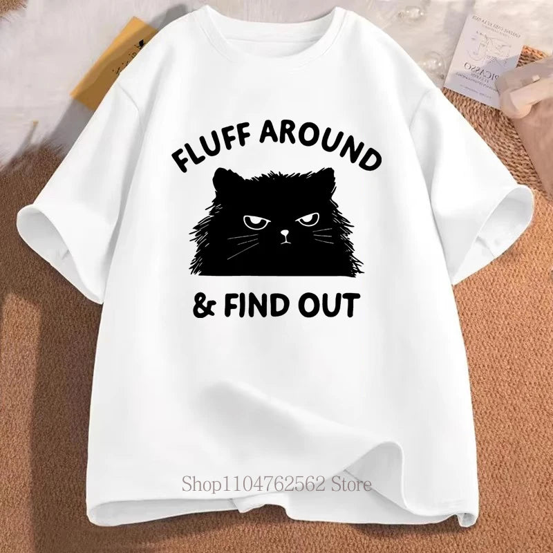 Fluff Around Funny Cat Print T-shirts Summer Women Clothing Fashion Streetwear Casual Tops Crew Neck Short Sleeve T-shirts