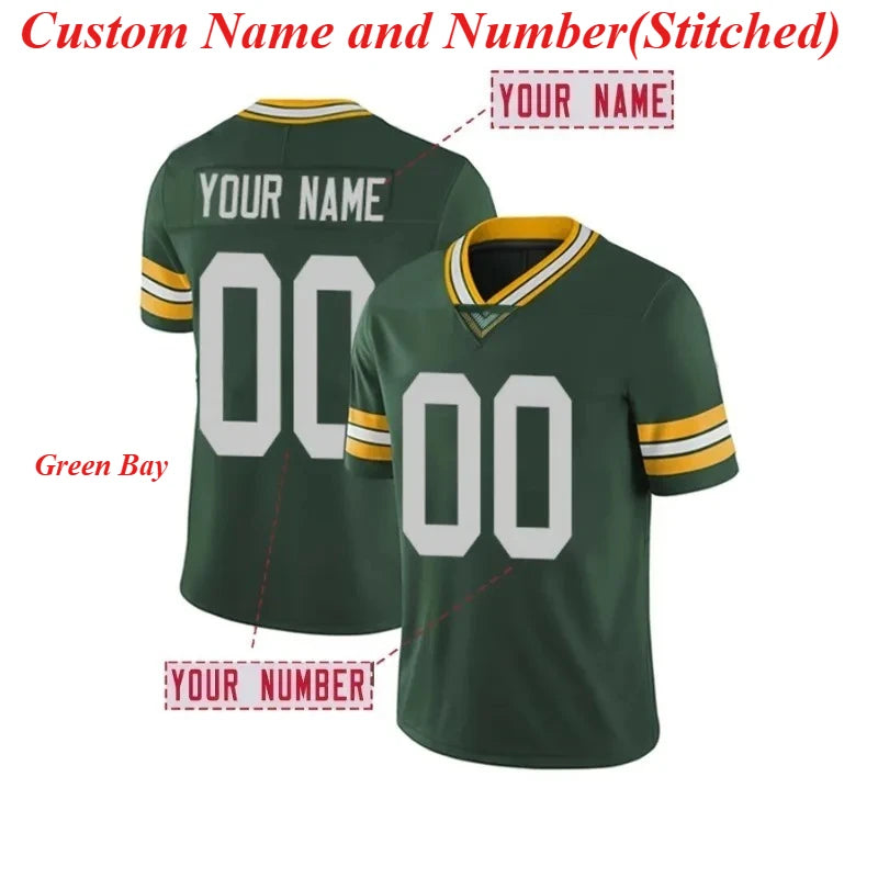 Custom Name And Number Men's Short Sleeve Loose Breathable V-neck Embroidery Rugby Jersey,Green Bay Sports Uniform DIY T-Shirt