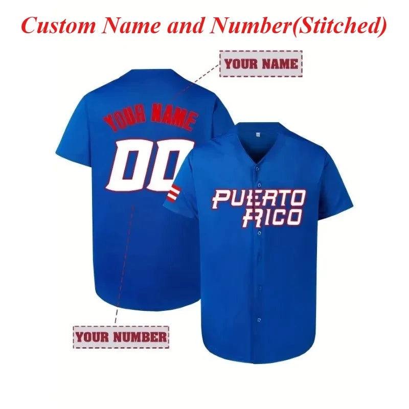 Customized Name And Number Men's Embroidery Baseball Jersey Blue V-Neck Personalized Short Sleeve Button Down Shirts Puerto Rico