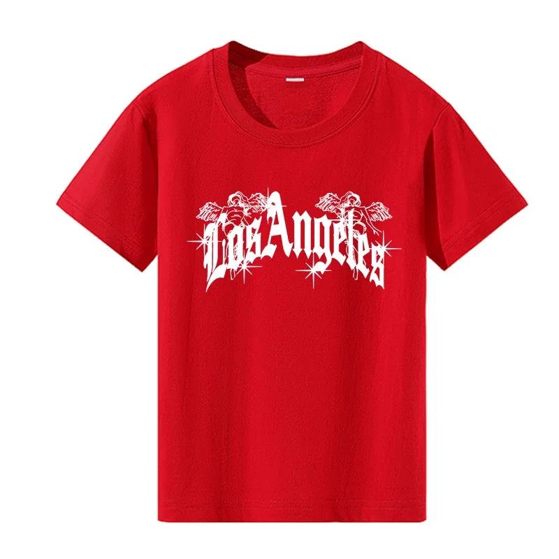 Los Angeles Letter Print Teenage T-shirt Summer Retro Simple Casual Fashion O-Neck Short Sleeve Children Colorful Tops Clothing