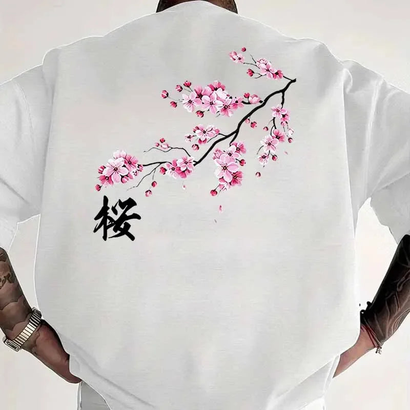 Retro Cherry Blossom Graphic Print T-shirts Summer Casual Fashion Funny Streetwear Vintage Cotton Tops O-Neck Short Sleeve Tees