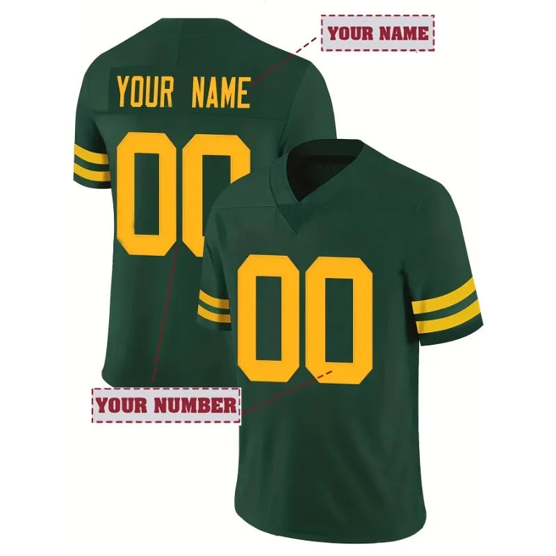 Custom Name And Number Men's Short Sleeve Loose Breathable V-neck Embroidery Rugby Jersey,Green Bay Sports Uniform DIY T-Shirt