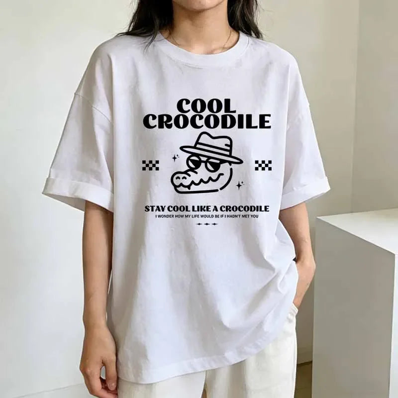 Women's Clothing Cool Crocodile Print T-Shirt Summer Casual Fashion Funny Streetwear Oversize Tops Crew Neck Short Sleeve Tees