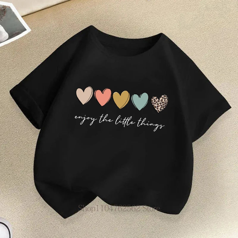 Girls' Fashion T-shirts with Love Print Children's Tops Summer Kawaii Children's Clothing Colorful O-Neck Short Sleeve T-shirts