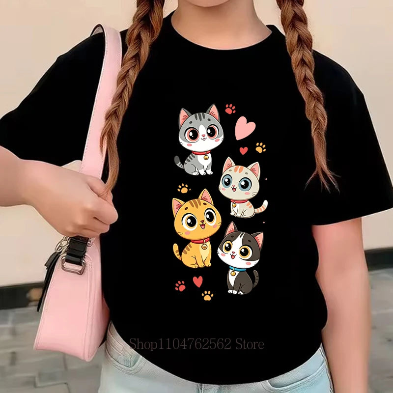 Four Cute Cats Print T-shirts for Girls Summer Casual Fashion Kids Colorful Comfortable Tops Children O-Neck Short Sleeve Tees