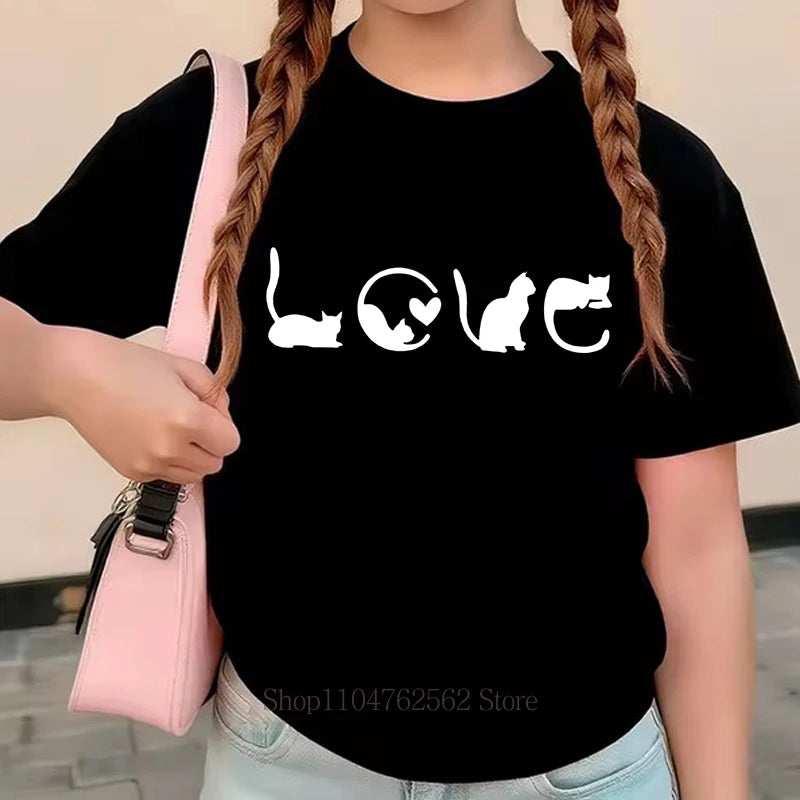 Cute Cats Graphic Print Children's Clothing Summer Girls Kawaii Fashion Funny Tops Kids Colorful Crew Neck Short Sleeve T-shirts