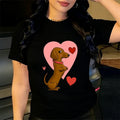 Plus Size Women's Clothing Cute Sausage Dog with Heart Pattern Printed T-shirt Summer Short Sleeve Top Casual O-Neck T-shirts
