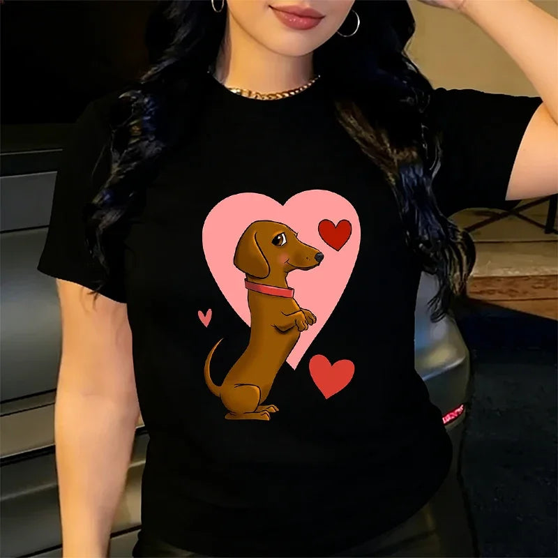 Plus Size Women's Clothing Cute Sausage Dog with Heart Pattern Printed T-shirt Summer Short Sleeve Top Casual O-Neck T-shirts