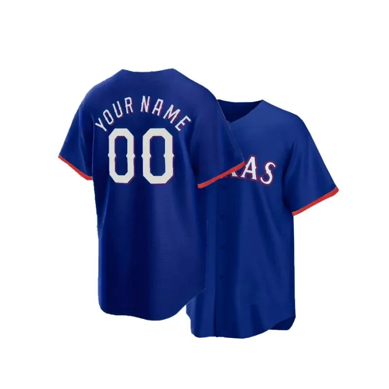 Customized Name And Number Men's Embroidery Baseball Jersey Texas Blue V-Neck Personalized Short Sleeve DIY High Quality Shirts