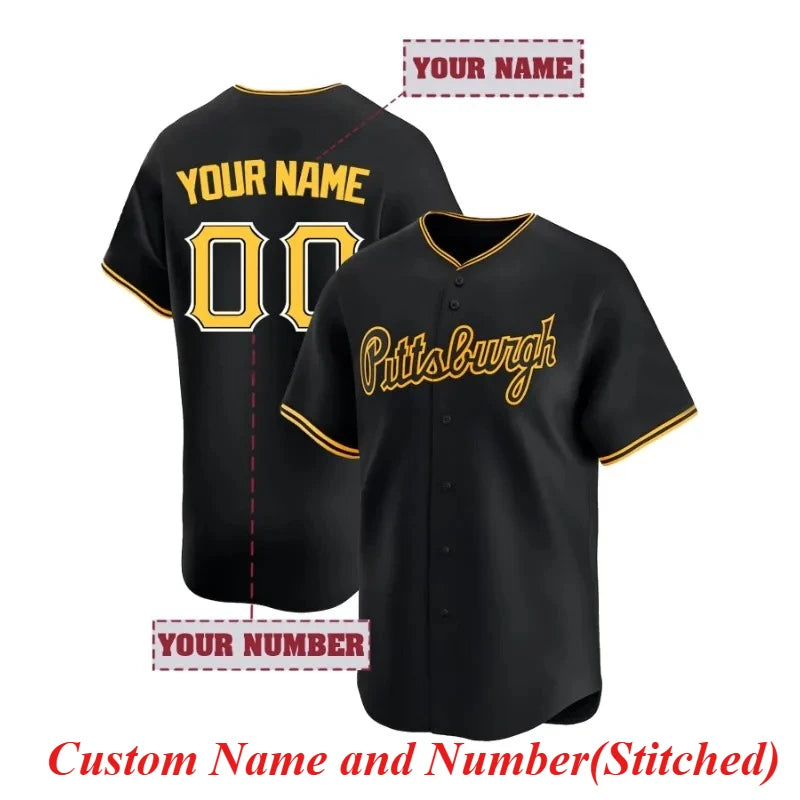 Customized Name And Number Men's Embroidery Baseball Jersey Pittsburgh White V-Neck Personalized Short Sleeve Button Down Shirts
