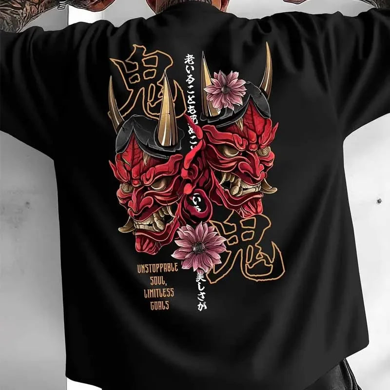 Japanese Demon Mask Print T-shirt Men Casual Fashion Harajuku Vintage Streetwear Y2K Tops Summer Cotton O-Neck Short Sleeve Tees