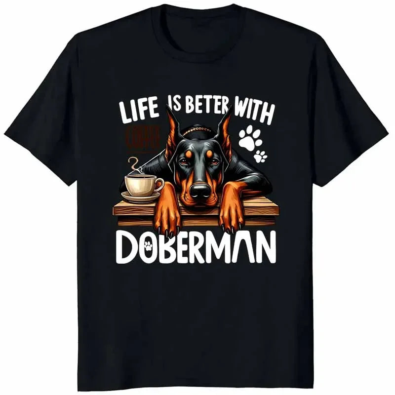 Coffee Doberman Print T-shirts for Men Summer Casual Fashion Funny Streetwear Cotton Tops Crew Neck Short Sleeve T-shirts