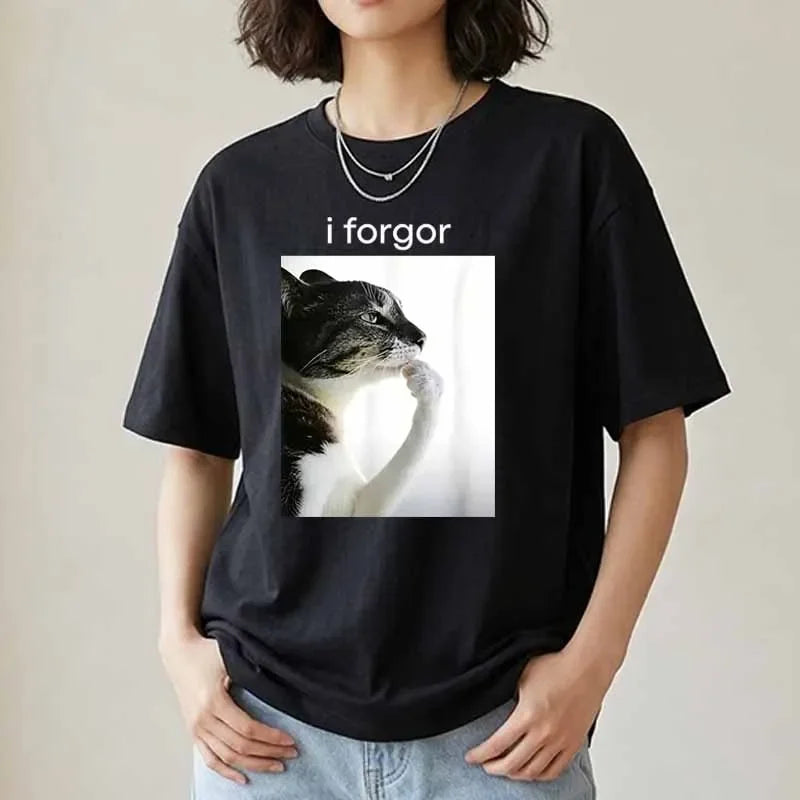 I Forgor Cat Graphic Print T-shirts Women's Clothing Summer Casual Fashion Funny Streetwear Tops Crew Neck Short Sleeve T-shirts