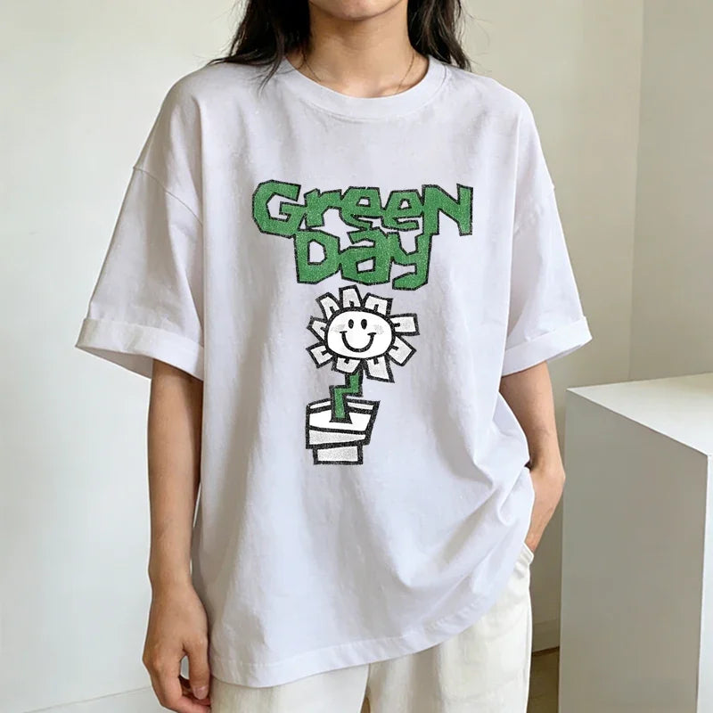 Green Flower Print T-Shirt for Women Summer Casual Fashion Streetwear Y2K Tops Loose High Quality Crew Neck Short Sleeve T-shirt