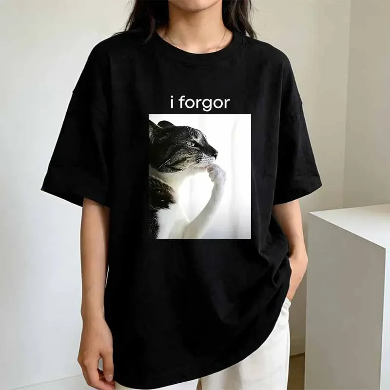 I Forgor Cat Graphic Print T-shirts Women's Clothing Summer Casual Fashion Funny Streetwear Tops Crew Neck Short Sleeve T-shirts