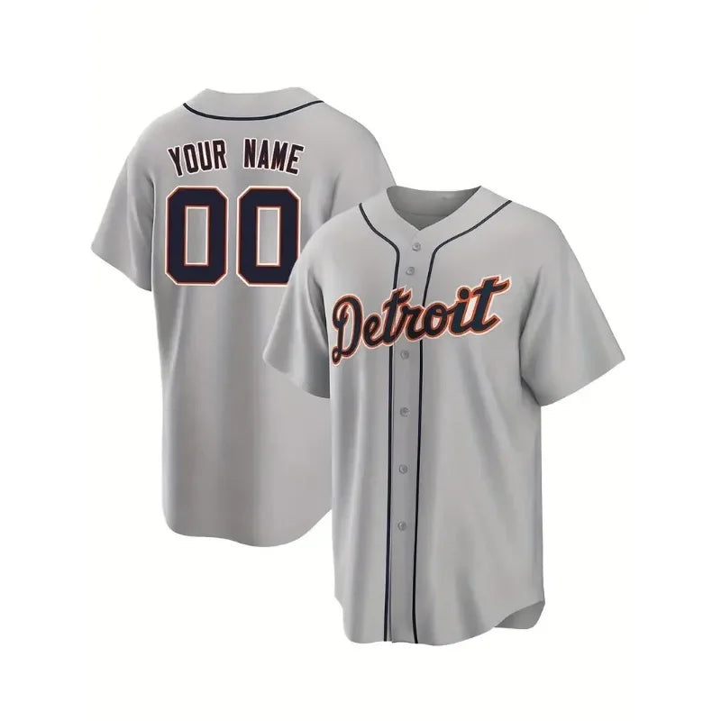 Customized Name And Number Men's Embroidery Baseball Jersey Detroit Grey V-Neck Personalized Short Sleeve Button Down DIY Shirts