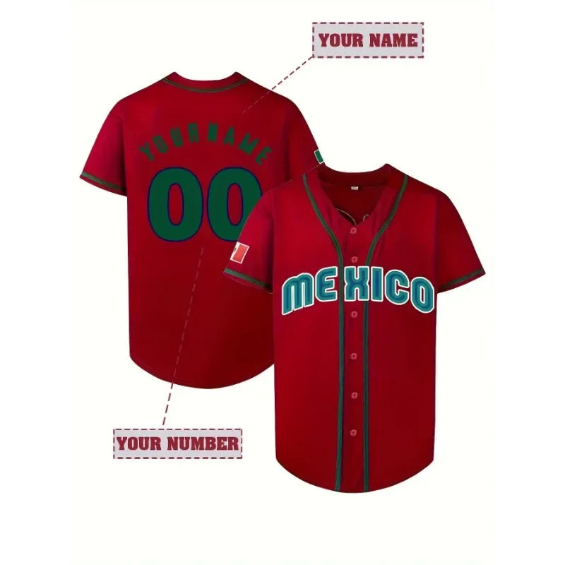 Customized Name and Number MEXICO Baseball Jersey Breathable Loose Fit Short Sleeve Embroidery Design Team Training Sports Shirt