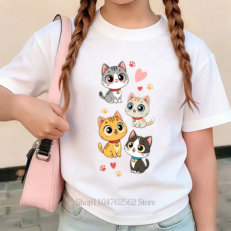 Four Cute Cats Print T-shirts for Girls Summer Casual Fashion Kids Colorful Comfortable Tops Children O-Neck Short Sleeve Tees