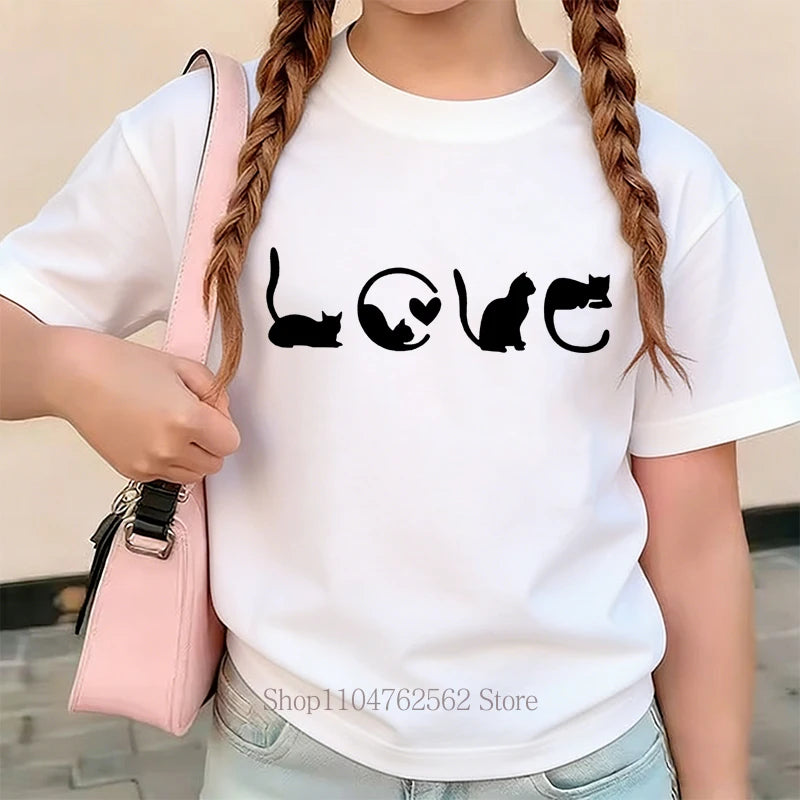 Cute Cats Graphic Print Children's Clothing Summer Girls Kawaii Fashion Funny Tops Kids Colorful Crew Neck Short Sleeve T-shirts