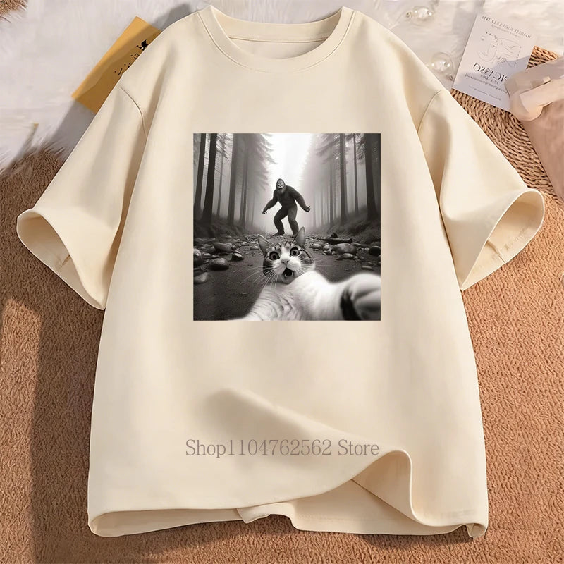 Scared Cat Graphic Print T-Shirt Men Clothing Summer Funny Meme Short Sleeve Tops Women Casual Fashion Oversize T-shirts