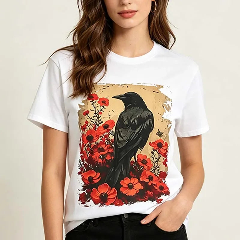 Retro Crow T-Shirt for Women Summer Casual Fashion Gothic Streetwear Harajuku Tops Vintage Crew Neck Short Sleeve Cotton Tees